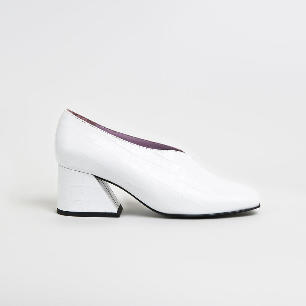 DALE - White Leather Mid Heel Pumps